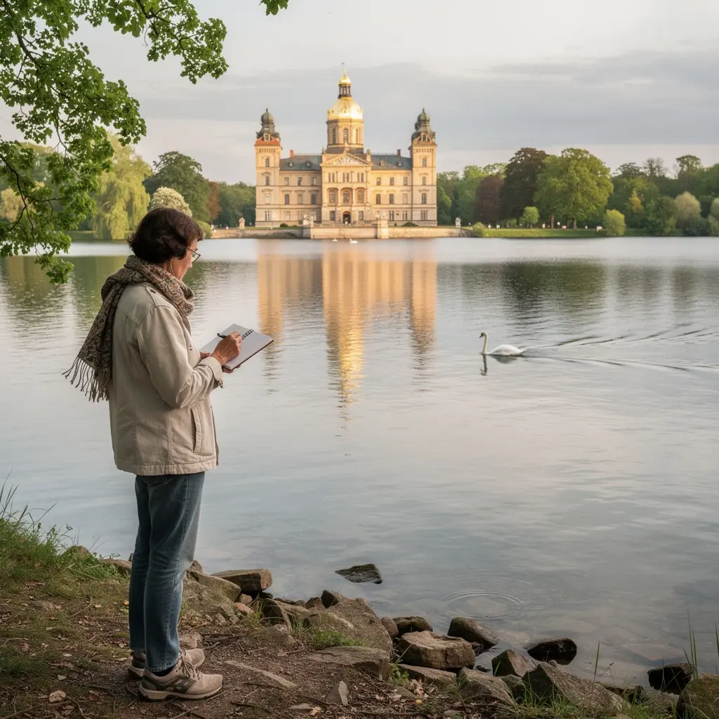 Der weitläufige Schlossgarten mit bunten Blumenbeeten und gepflegten Rasenflächen.