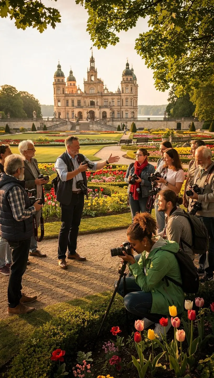 Blick auf den Schweriner See, der das Schloss malerisch umgibt und den Sonnenuntergang reflektiert.
